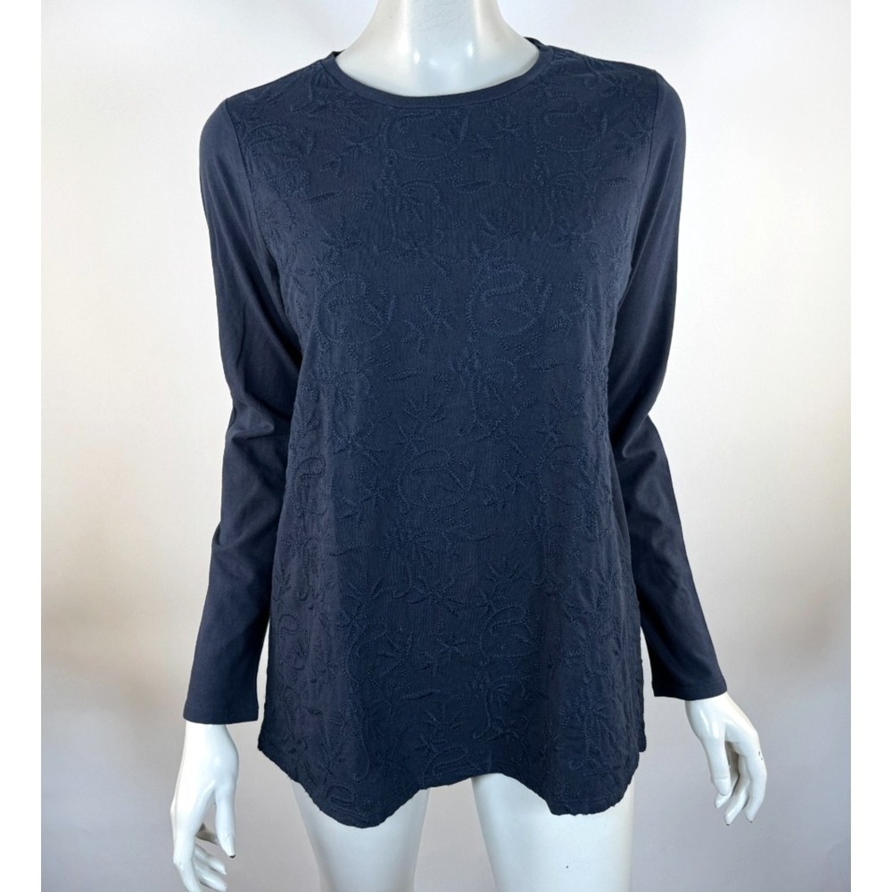 J Jill Embroidered Top Women S NWT Long Sleeve Crew‎ Neck Stretch Cotton Navy